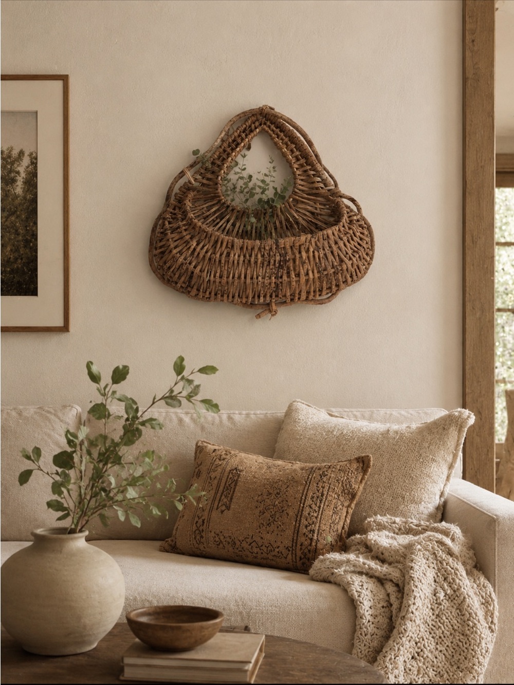 Hand Woven Twig Wall Basket Natural Brown Adirondack Style Twig Vines or Willow